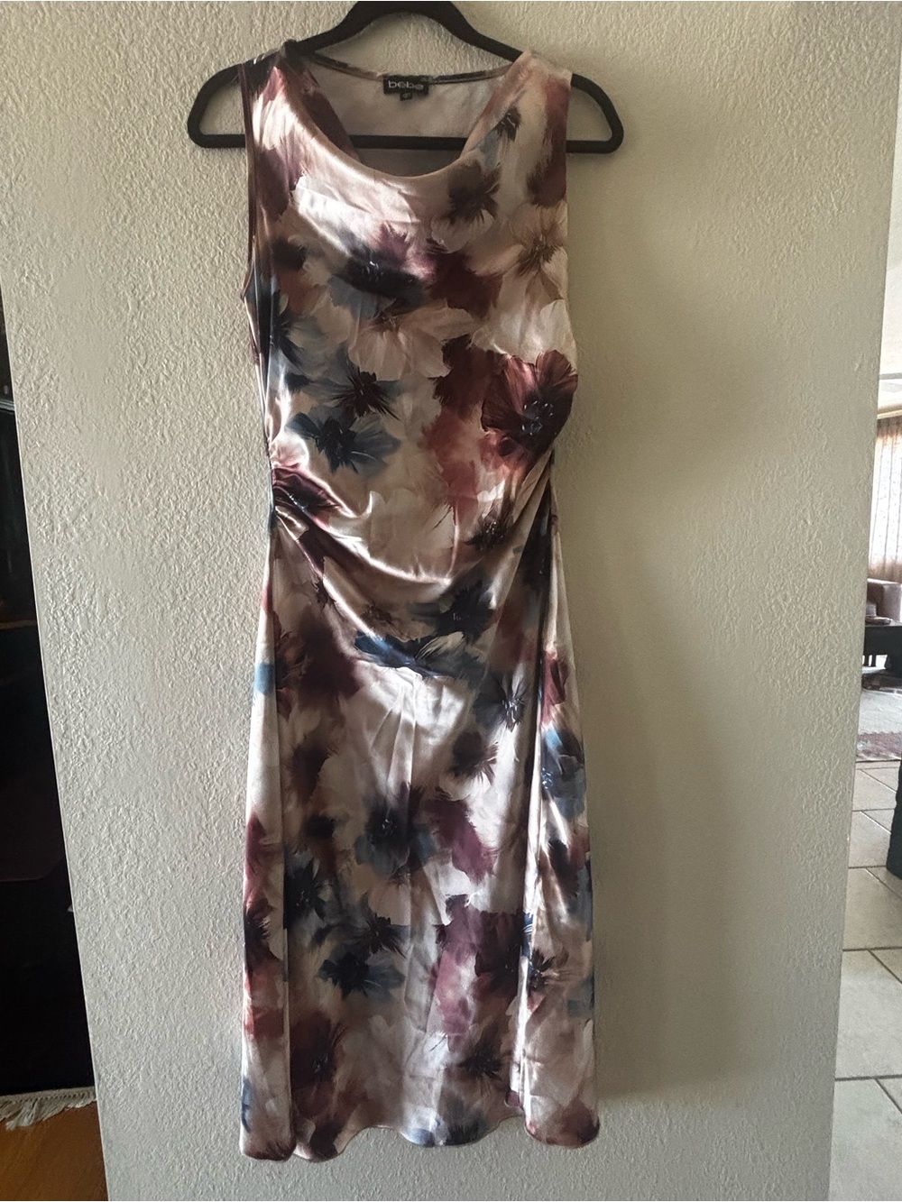 bebe Satin Floral Midi Dress in Cream, Blue, Burgundy